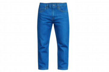 Blue jeans displayed against transparent backdrop, showcasing contemporary denim design with clean, minimalist aesthetic