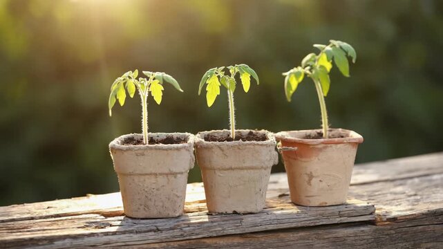 A few small tomato plants growing in terracotta pots.