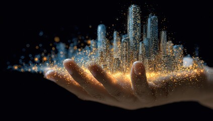 A hand holds a digital city in light