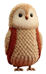 Cute cartoon owl character with fluffy feathers and large eyes, wearing a cozy knitted vest, standing upright in a whimsical pose, showcasing adorable features and charm