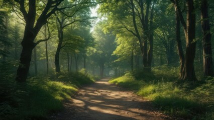 Sunlit path through misty forest