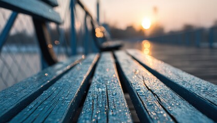 Park bench at sunrise, dew-covered planks