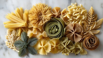 Creative Flat Lay of Assorted Pasta Shapes Arranged as Flowers – Artistic Food Design