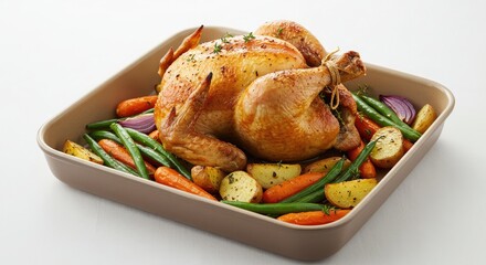 Golden brown roasted whole chicken with fresh carrots, potatoes, and green beans presented in a baking dish, perfect for holiday feasts and family dinners.