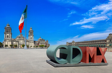 Zocalo Constitution Square in Mexico city, landmark Metropolitan Cathedral and National Palace