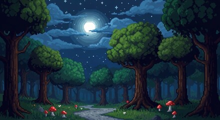Pixelated Moonlight: A Forest Path Illuminated by a Full Moon an