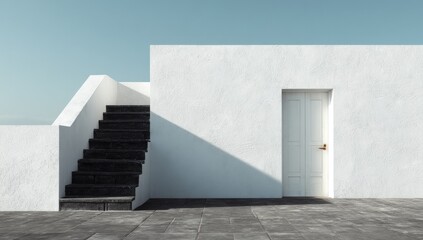 Modern white building exterior with stairs and door
