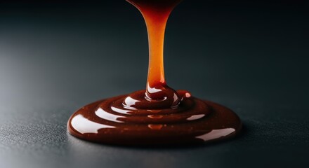 Thick, glossy chocolate syrup drizzling slowly onto a dark surface, creating a rich, indulgent texture