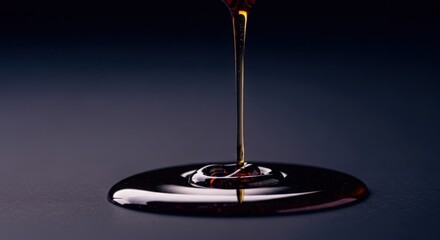 Thick syrup slowly drizzling onto a dark surface, creating a glossy puddle with reflections