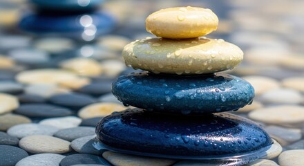 Tranquil stack of colorful stones with water droplets, set against a blurred natural background