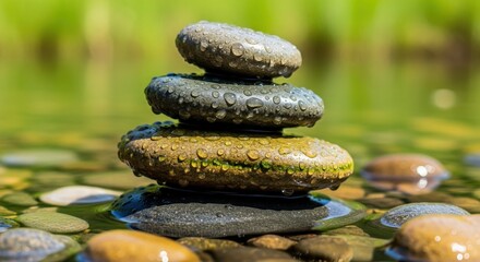Tranquil stack of wet stones balanced on a riverbed, surrounded by greenery and calm water