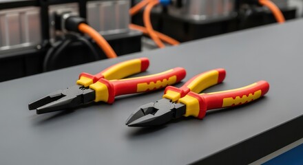 Two insulated pliers with red and yellow handles on a gray surface