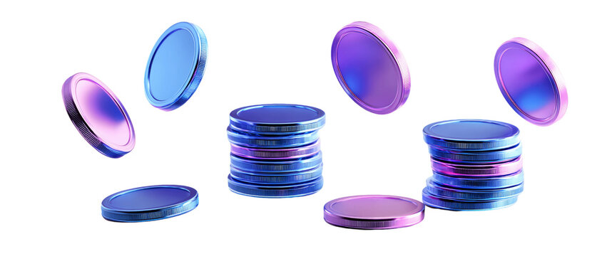 Purple and blue metallic coins in motion against a transparent background. Some coins are stacked, others are in mid-air.  Dynamic and vibrant, PNG