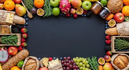 Vibrant assortment of fresh fruits, breads, and herbs arranged on a dark surface for culinary display