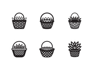 Assortment of Wicker Basket Silhouettes with Various Contents Featuring Leaves and Plants Ideal for Graphic Design Projects