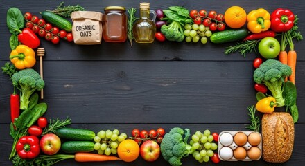 Vibrant assortment of fresh vegetables, fruits, and organic ingredients arranged elegantly on a wooden table