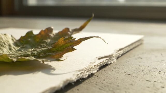 Close-up of a dried autumn leaf with earthy tones resting on a stack of textured handmade paper under warm natural sunlight creating a serene and rustic still l