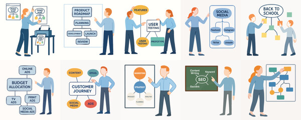 Flat Design People Presenting Flowchart and Diagram Information Board Illustration Set