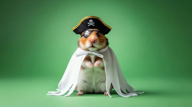 A hamster dressed as a pirate wearing a hat and eye patch with a white cape