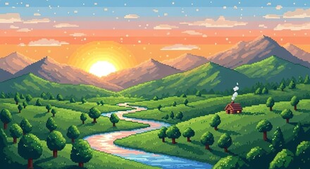 Fototapeta premium Pixelated Sunrise Over a Lush Valley with a Cozy Cabin