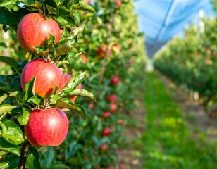 Red apples hanging from branches in an orchard