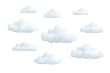 Fototapeta premium Collection of fluffy white clouds isolated on transparent background. Ideal for weather, nature, or whimsical designs, PNG