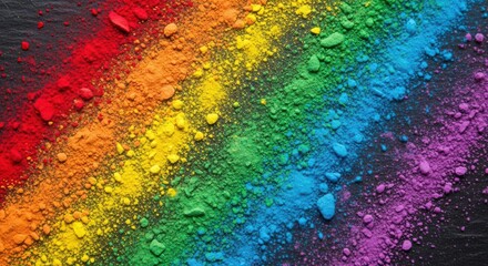 Vibrant rainbow-colored powders arranged in stripes, showcasing a spectrum on a dark surface, ideal for art