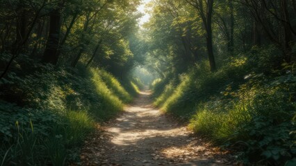 Naklejka premium Sunlit path through a lush forest (1)