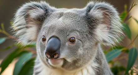 Close-up of a Koala's Face with Detailed Fur and Reflective Brow