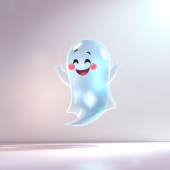 A cheerful cartoon ghost floats in a brightly lit space with a soft background.