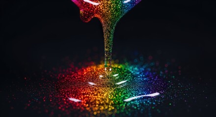 Vivid rainbow-colored liquid pouring onto a dark surface, creating a sparkling effect in the background