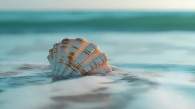 A single seashell washed ashore, with the ocean in the background.