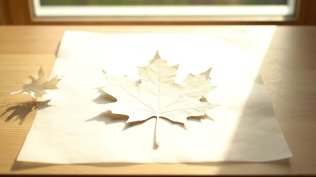 Elegant white maple leaf shape on cream paper illuminated by warm sunlight from a window creating a long hand shadow on a natural wooden desk in a tranquil scen