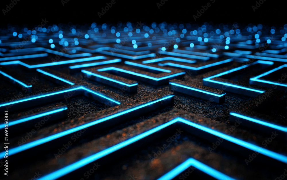 Aufkleber blue glowing maze pattern with complex interconnected paths