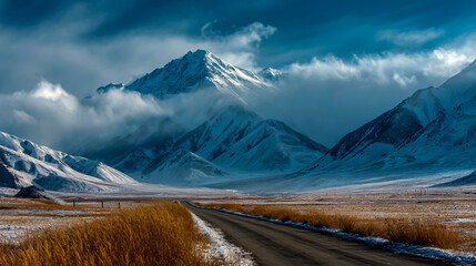 A beautiful winter landscape with snow-covered mountains in the background, fog on top of them, and a road leading to the mountain peaks, with golden grass at the bottom of the picture