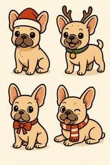 Adorable French Bulldog illustration collection with festive holiday accessories and playful cartoon style