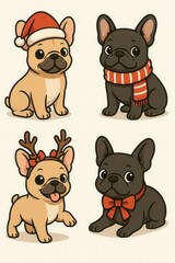 Adorable French Bulldog illustration collection with festive holiday accessories and playful cartoon style
