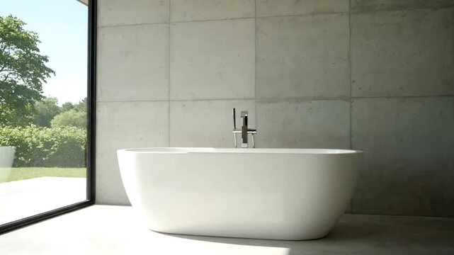 Luxurious modern bathroom with sleek freestanding white bathtub minimalist concrete walls and large window offering a serene view of green nature bathed in brig