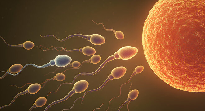 Human Fertilization: Sperm Cells Approaching Ovum