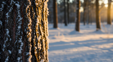 Obraz premium Golden Hour Sun on Frosted Tree Bark in Snowy Winter Forest