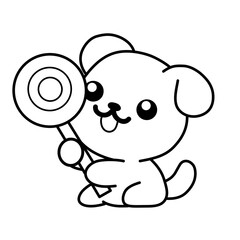 Sketch illustration of a cute smiling dog holding a lollipop, use it as an icon or sticker and add it to your designs or colouring books.