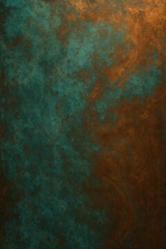 Luminous copper patina metal surface with oxidized texture and warm amber lighting creating industrial elegance
