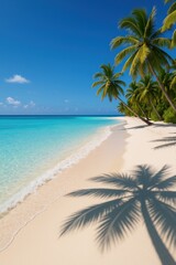 Obraz premium Pristine Caribbean beach paradise with crystal turquoise waters and powdery white sand under tropical sun