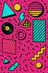 Retro 80s Memphis design pattern with bold geometric shapes and vibrant neon color palette nostalgia