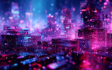 Vibrant futuristic cityscape with neon lights and digital elements
