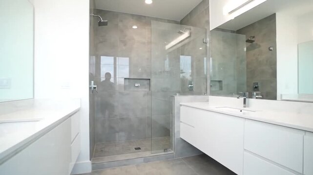 Sleek and spacious modern luxury bathroom design featuring a walk-in shower with elegant gray tile walls a rain shower head and a pristine double vanity with wh