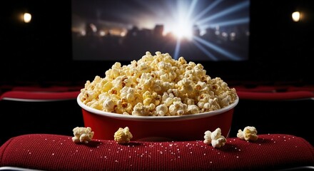 Popcorn bucket on red velvet seat in a dark movie theater with b