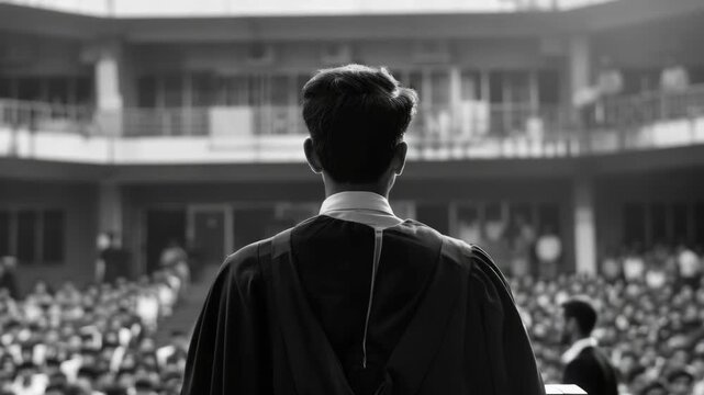 Graduate receiving diploma, standing at podium in front of audience.