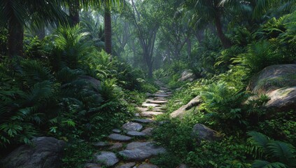 Fototapeta premium Lush jungle path leading into a misty forest