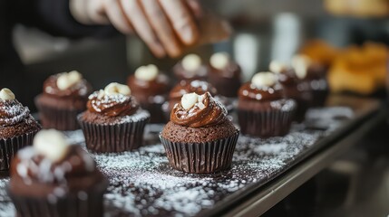 Closeup of a baker decorating chocolate cupcakes with icing, nuts, and powdered sugar on a dark tray in a bakery or cafe